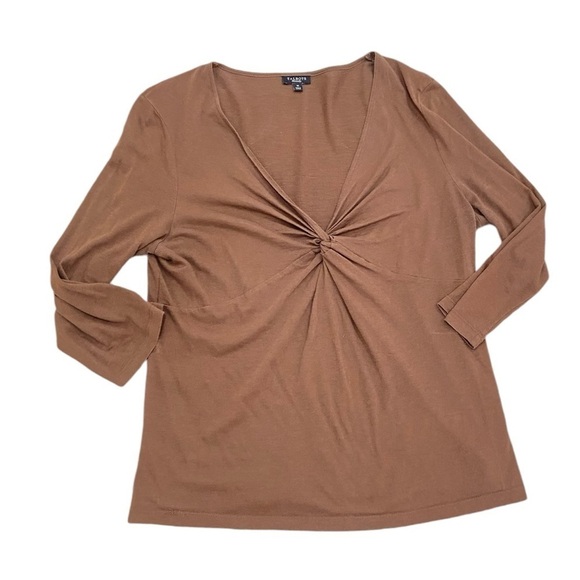 Talbots v neck front knot caramel brown lightweight top 3/4 sleeve size medium - Picture 2 of 10